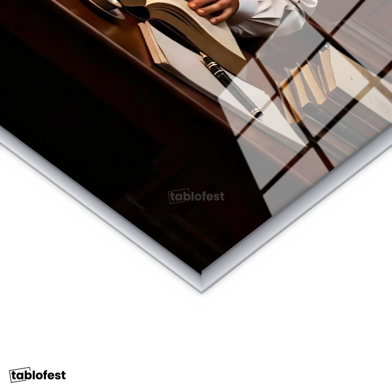 Gümüş Renk Metal Çerçeveli Tamperli Cam Tablo Atatürk Makam Çalışma Masası Atatürk Tablosu Duvar Dekoru