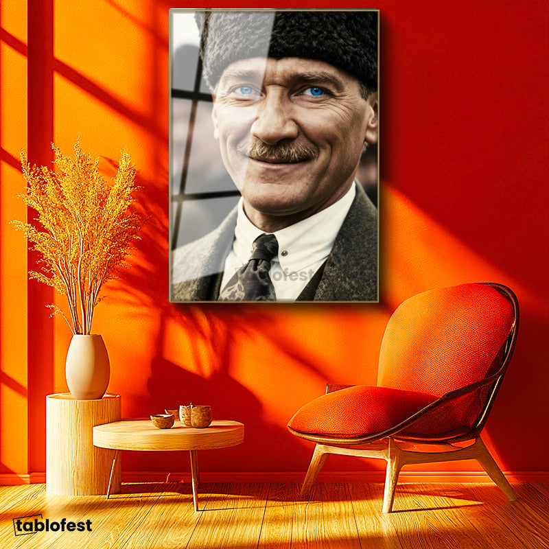 Altın Renk Metal Çerçeveli Tamperli Cam Tablo Atatürk Kalpaklı Gülümseyen Yüz Atatürk Tablosu Duvar Dekoru