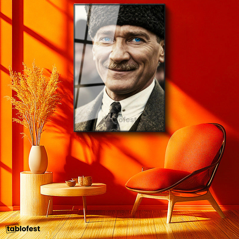 Siyah Renk Metal Çerçeveli Tamperli Cam Tablo Atatürk Kalpaklı Gülümseyen Yüz Atatürk Tablosu Duvar Dekoru