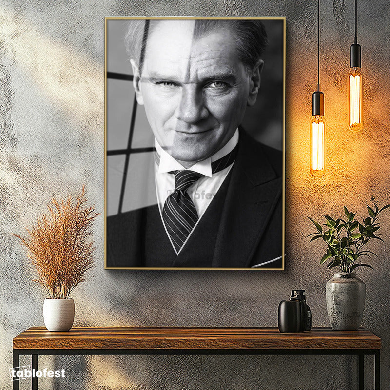 Altın Renk Metal Çerçeveli Tamperli Cam Tablo Atatürk Çizgili Kravat Klasik Giyim Atatürk Tablosu Duvar Dekoru