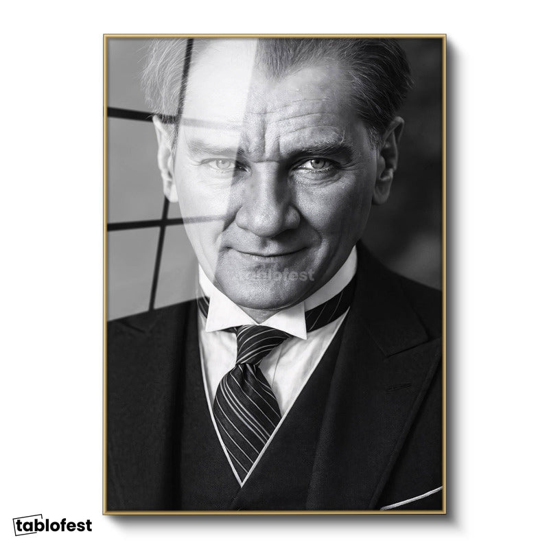 Altın Renk Metal Çerçeveli Tamperli Cam Tablo Atatürk Çizgili Kravat Klasik Giyim Atatürk Tablosu Duvar Dekoru