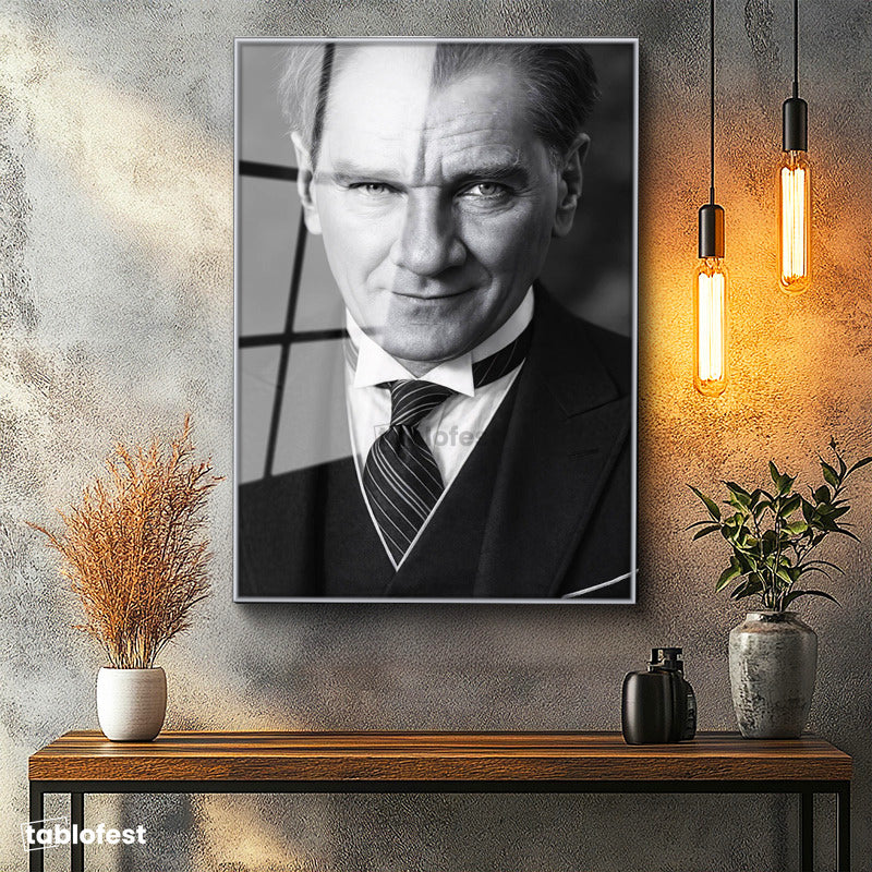 Gümüş Renk Metal Çerçeveli Tamperli Cam Tablo Atatürk Çizgili Kravat Klasik Giyim Atatürk Tablosu Duvar Dekoru
