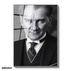 Gümüş Renk Metal Çerçeveli Tamperli Cam Tablo Atatürk Çizgili Kravat Klasik Giyim Atatürk Tablosu Duvar Dekoru