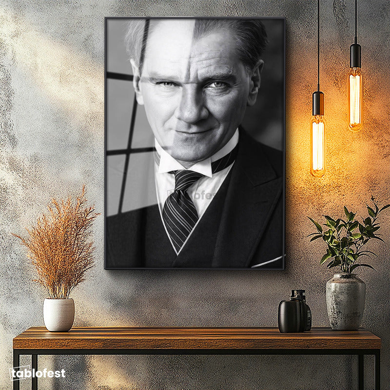 Siyah Renk Metal Çerçeveli Tamperli Cam Tablo Atatürk Çizgili Kravat Klasik Giyim Atatürk Tablosu Duvar Dekoru