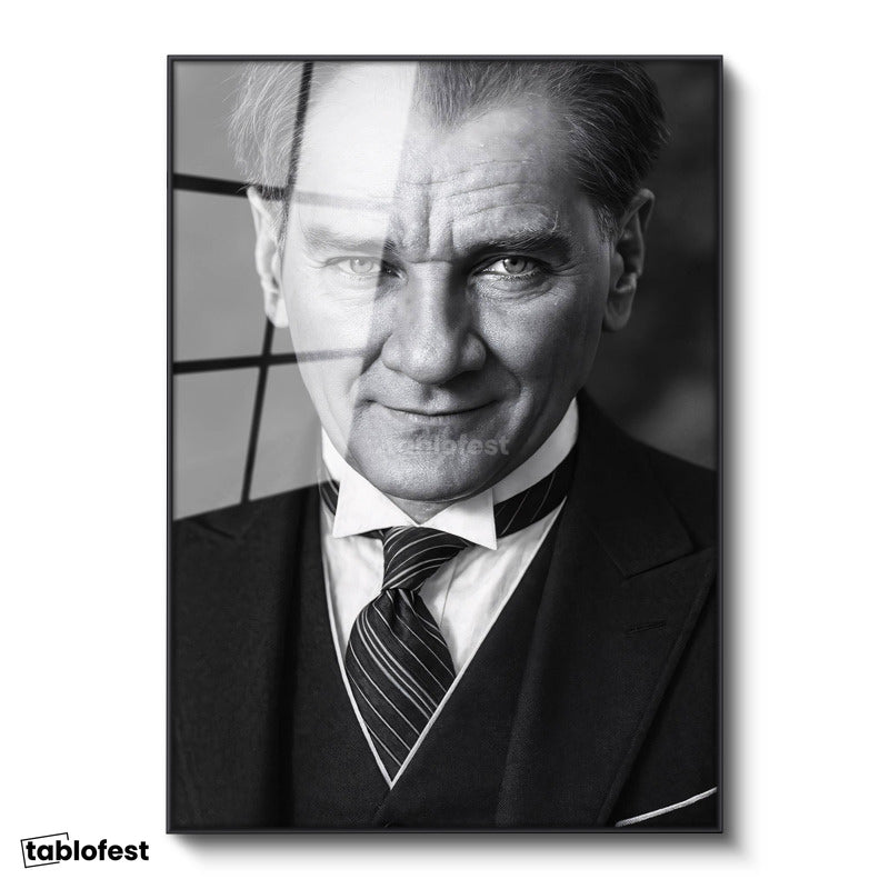 Siyah Renk Metal Çerçeveli Tamperli Cam Tablo Atatürk Çizgili Kravat Klasik Giyim Atatürk Tablosu Duvar Dekoru