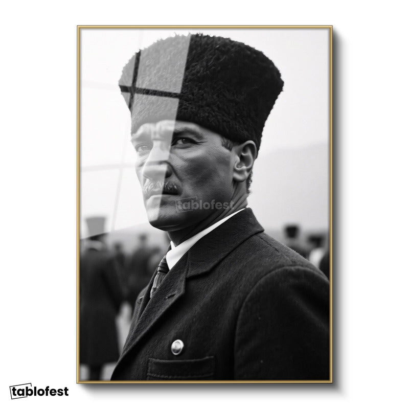 Altın Renk Metal Çerçeveli Tamperli Cam Tablo Atatürk Kalpaklı Cephe Bakış Atatürk Tablosu Duvar Dekoru