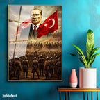 Altın Renk Metal Çerçeveli Tamperli Cam Tablo Atatürk Kurtuluş Savaşı Ordu Bayrak Atatürk Tablosu Duvar Dekoru
