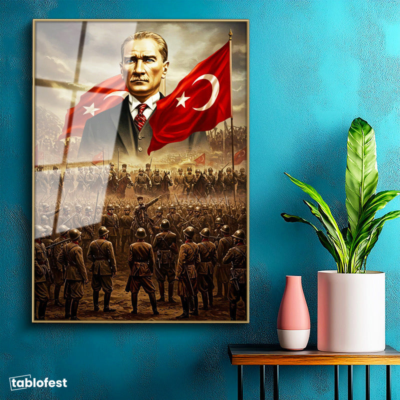 Altın Renk Metal Çerçeveli Tamperli Cam Tablo Atatürk Kurtuluş Savaşı Ordu Bayrak Atatürk Tablosu Duvar Dekoru
