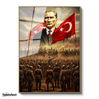 Altın Renk Metal Çerçeveli Tamperli Cam Tablo Atatürk Kurtuluş Savaşı Ordu Bayrak Atatürk Tablosu Duvar Dekoru