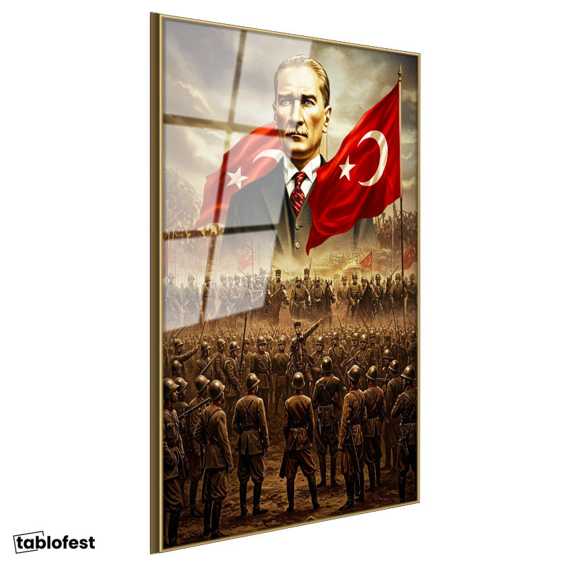 Altın Renk Metal Çerçeveli Tamperli Cam Tablo Atatürk Kurtuluş Savaşı Ordu Bayrak Atatürk Tablosu Duvar Dekoru