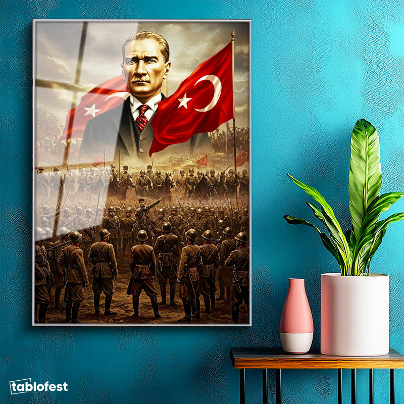 Gümüş Renk Metal Çerçeveli Tamperli Cam Tablo Atatürk Kurtuluş Savaşı Ordu Bayrak Atatürk Tablosu Duvar Dekoru