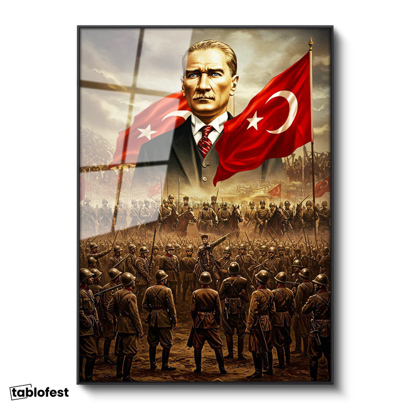 Siyah Renk Metal Çerçeveli Tamperli Cam Tablo Atatürk Kurtuluş Savaşı Ordu Bayrak Atatürk Tablosu Duvar Dekoru