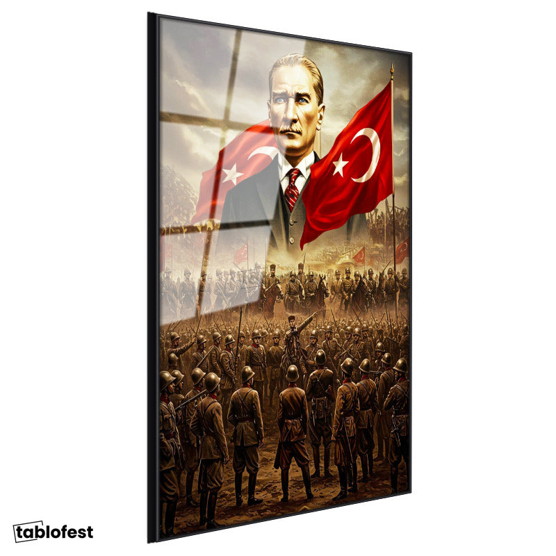 Siyah Renk Metal Çerçeveli Tamperli Cam Tablo Atatürk Kurtuluş Savaşı Ordu Bayrak Atatürk Tablosu Duvar Dekoru