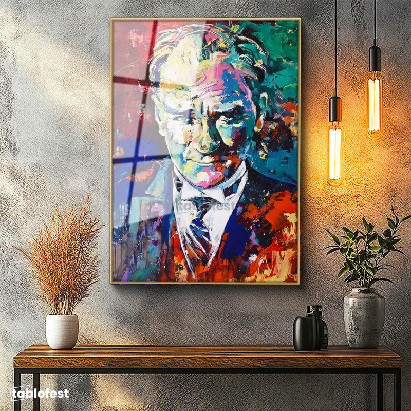 Altın Renk Metal Çerçeveli Tamperli Cam Tablo Atatürk Modern Sanat Soyut Portre Atatürk Tablosu Duvar Dekoru