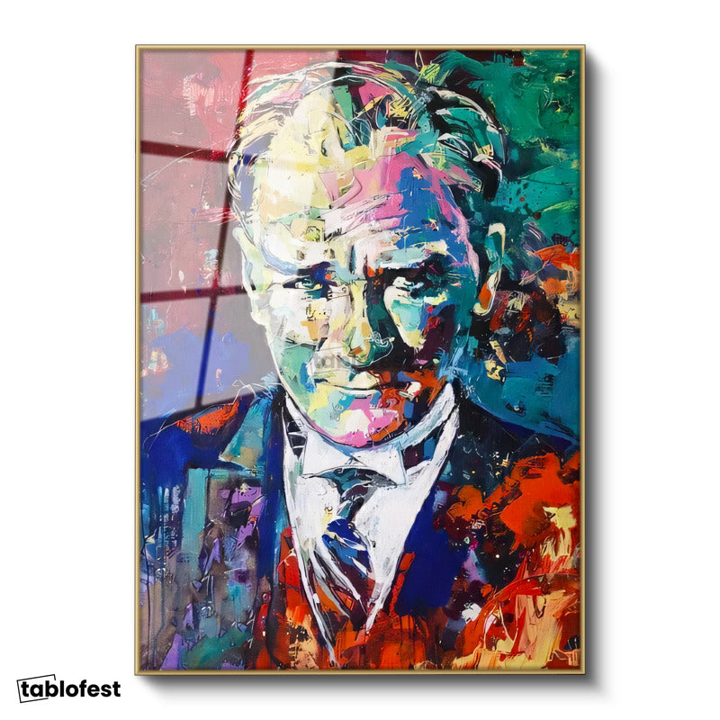 Altın Renk Metal Çerçeveli Tamperli Cam Tablo Atatürk Modern Sanat Soyut Portre Atatürk Tablosu Duvar Dekoru