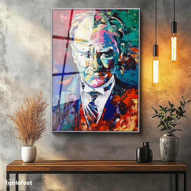 Gümüş Renk Metal Çerçeveli Tamperli Cam Tablo Atatürk Modern Sanat Soyut Portre Atatürk Tablosu Duvar Dekoru