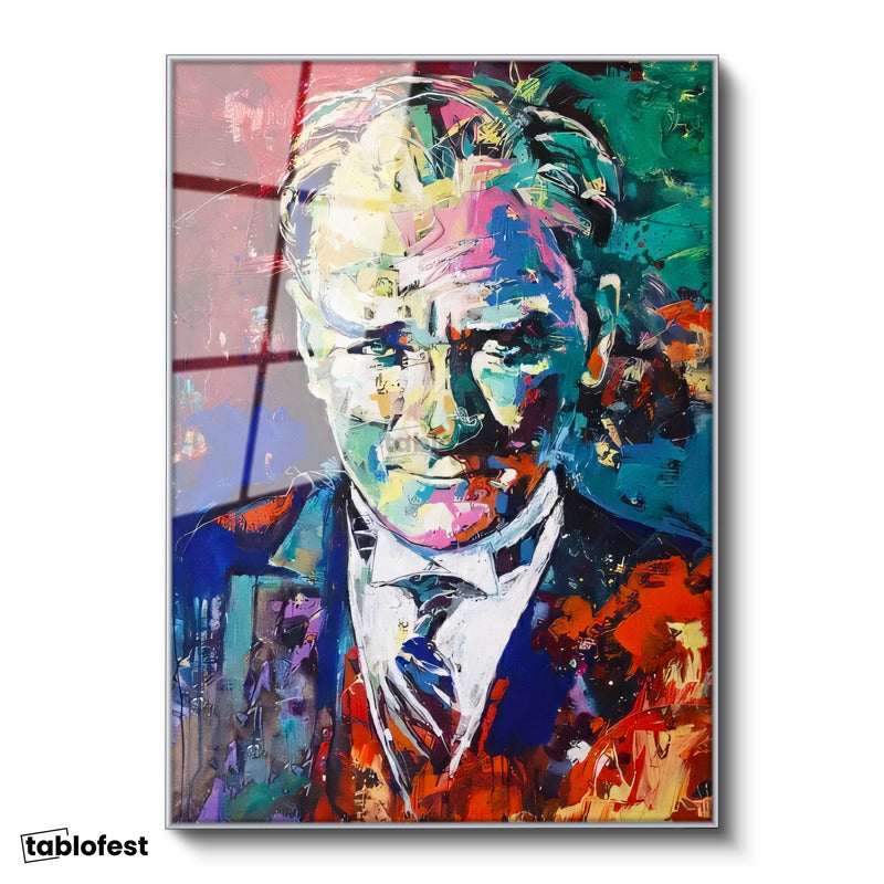 Gümüş Renk Metal Çerçeveli Tamperli Cam Tablo Atatürk Modern Sanat Soyut Portre Atatürk Tablosu Duvar Dekoru