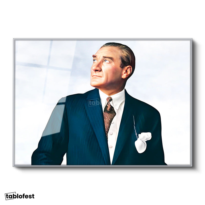 Gümüş Renk Metal Çerçeveli Tamperli Cam Tablo Atatürk Bulutlu Fon Portre Atatürk Tablosu Duvar Dekoru