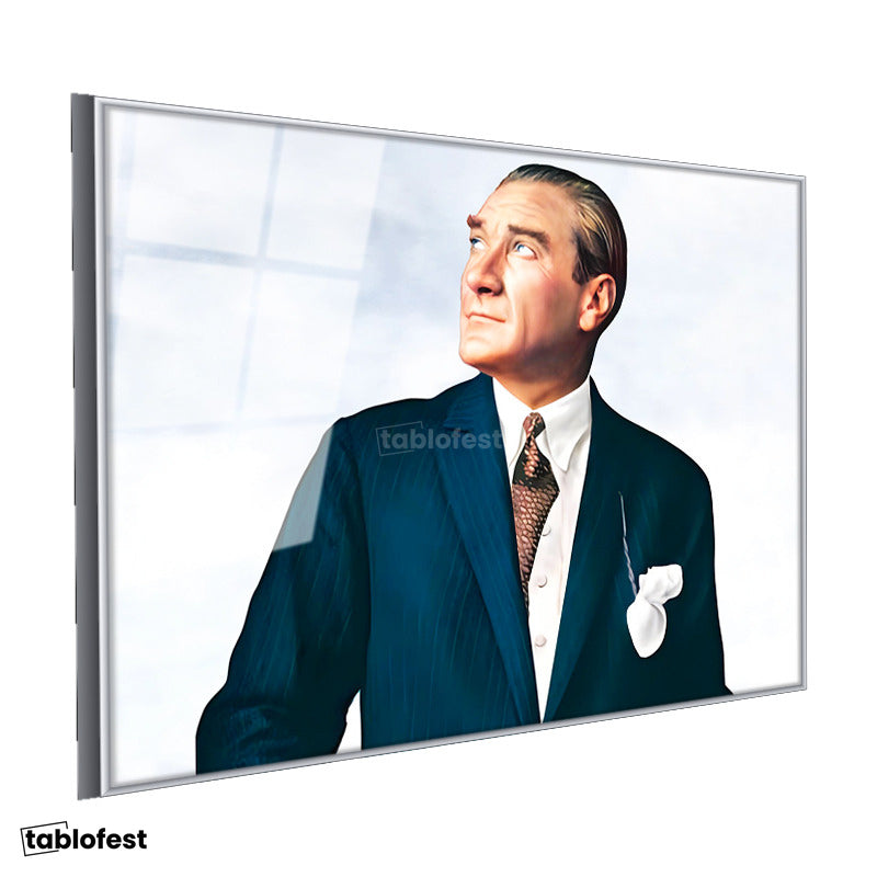 Gümüş Renk Metal Çerçeveli Tamperli Cam Tablo Atatürk Bulutlu Fon Portre Atatürk Tablosu Duvar Dekoru