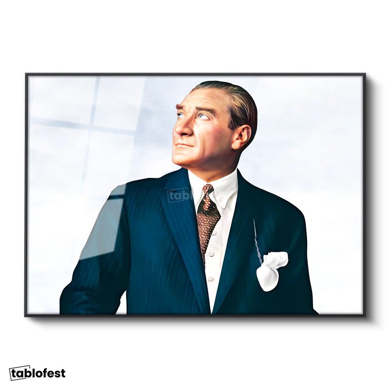 Siyah Renk Metal Çerçeveli Tamperli Cam Tablo Atatürk Bulutlu Fon Portre Atatürk Tablosu Duvar Dekoru