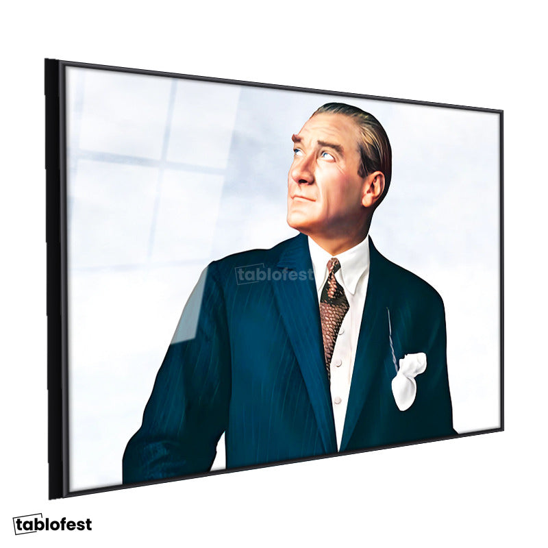 Siyah Renk Metal Çerçeveli Tamperli Cam Tablo Atatürk Bulutlu Fon Portre Atatürk Tablosu Duvar Dekoru