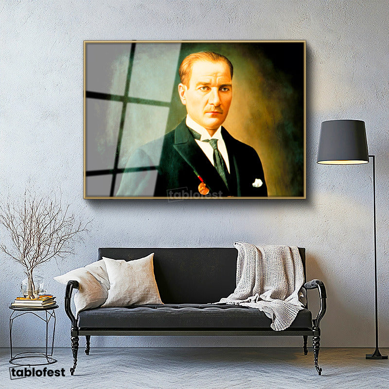 Altın Renk Metal Çerçeveli Tamperli Cam Tablo Atatürk Madalyalı Resim Sanatı Atatürk Tablosu Duvar Dekoru