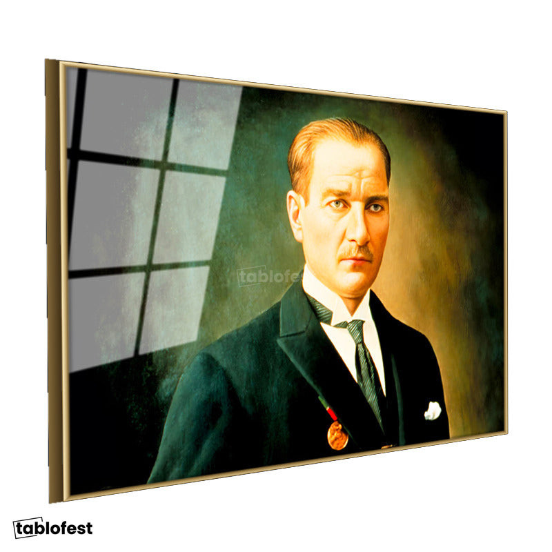 Altın Renk Metal Çerçeveli Tamperli Cam Tablo Atatürk Madalyalı Resim Sanatı Atatürk Tablosu Duvar Dekoru