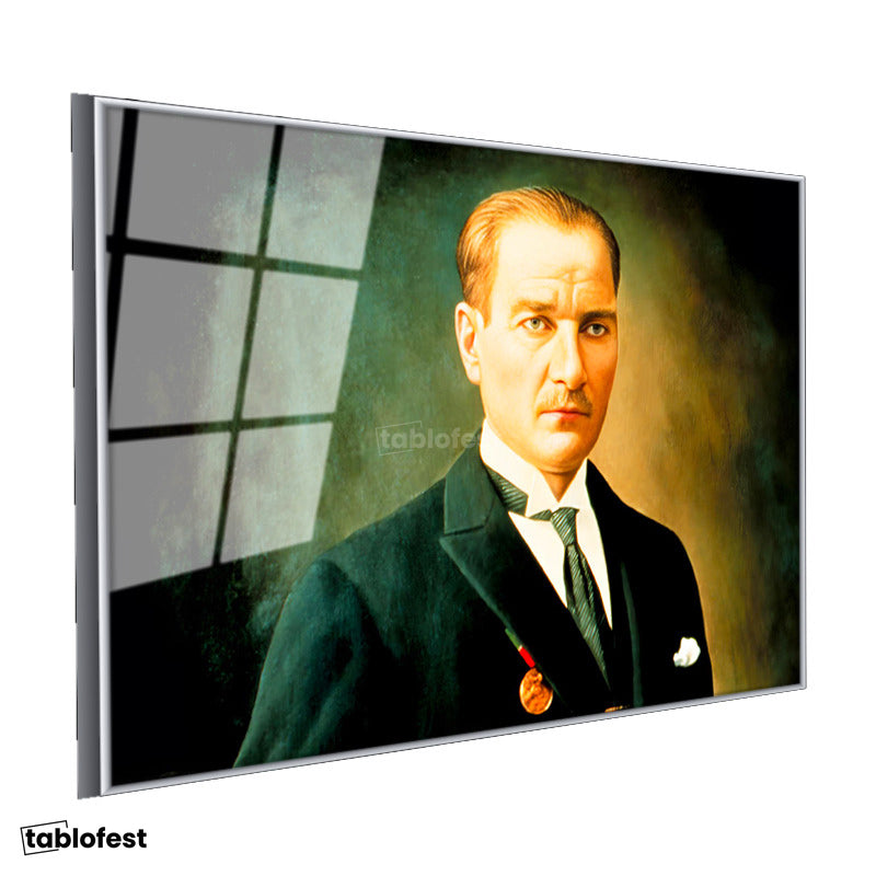 Gümüş Renk Metal Çerçeveli Tamperli Cam Tablo Atatürk Madalyalı Resim Sanatı Atatürk Tablosu Duvar Dekoru