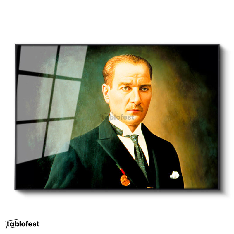 Siyah Renk Metal Çerçeveli Tamperli Cam Tablo Atatürk Madalyalı Resim Sanatı Atatürk Tablosu Duvar Dekoru