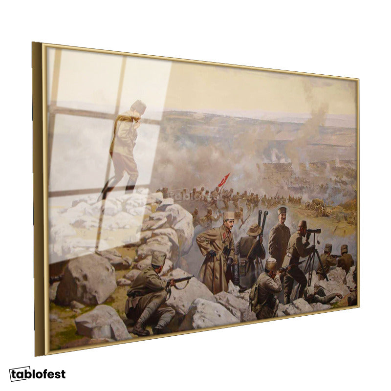 Altın Renk Metal Çerçeveli Tamperli Cam Tablo Atatürk Savaş Meydanı Atatürk Tablosu Duvar Dekoru