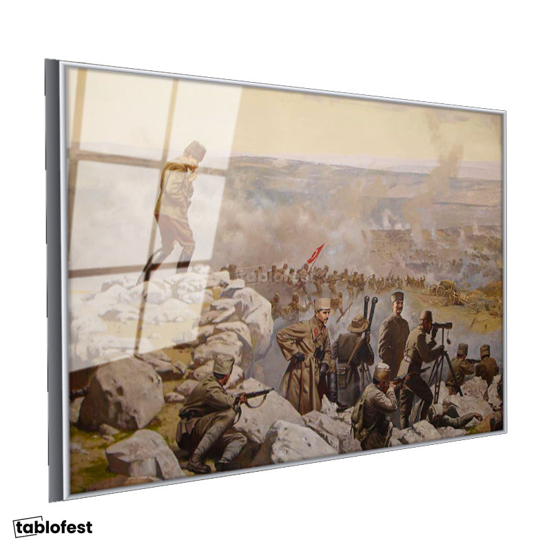 Gümüş Renk Metal Çerçeveli Tamperli Cam Tablo Atatürk Savaş Meydanı Atatürk Tablosu Duvar Dekoru