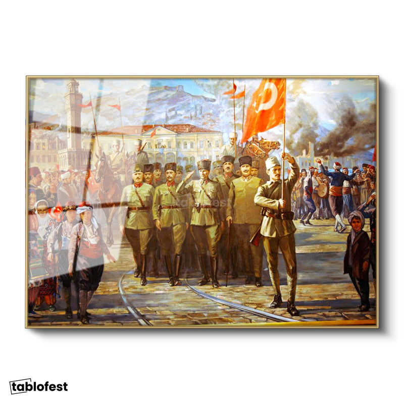 Altın Renk Metal Çerçeveli Tamperli Cam Tablo Atatürk İzmir Girişi Atatürk Tablosu Duvar Dekoru