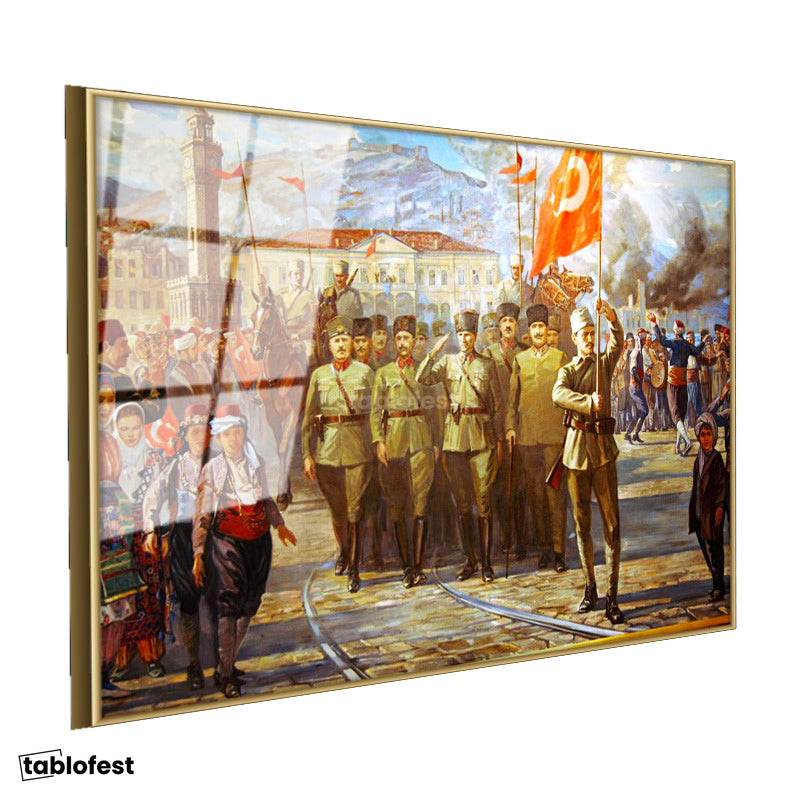 Altın Renk Metal Çerçeveli Tamperli Cam Tablo Atatürk İzmir Girişi Atatürk Tablosu Duvar Dekoru