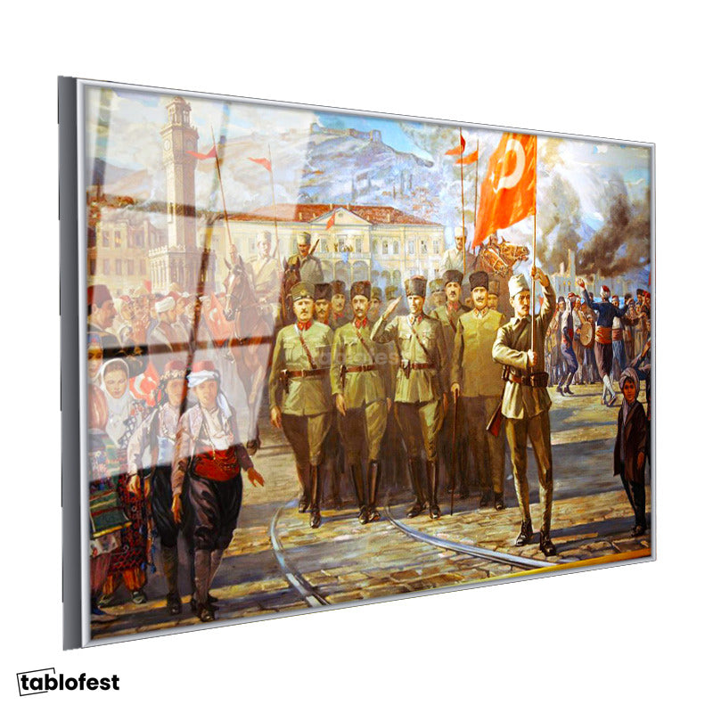 Gümüş Renk Metal Çerçeveli Tamperli Cam Tablo Atatürk İzmir Girişi Atatürk Tablosu Duvar Dekoru
