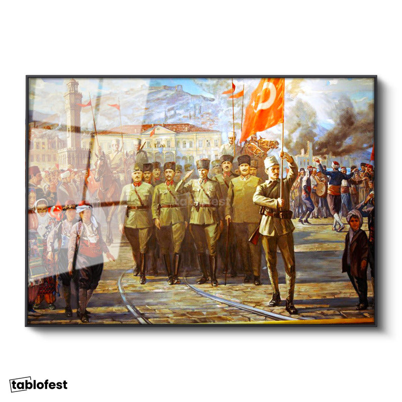 Siyah Renk Metal Çerçeveli Tamperli Cam Tablo Atatürk İzmir Girişi Atatürk Tablosu Duvar Dekoru