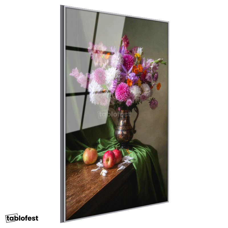 Gümüş Renk Metal Çerçeveli Tamperli Cam Tablo Bakır Vazoda Mor Çiçek Aranjmanı Çiçek Tablosu Duvar Dekoru