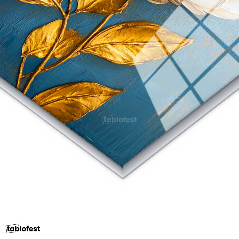 Gümüş Renk Metal Çerçeveli Tamperli Cam Tablo Mavi Zeminli Altın Manolya Çiçek Tablosu Duvar Dekoru
