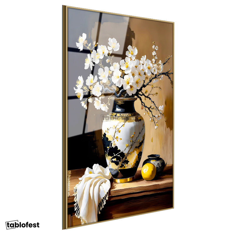 Altın Renk Metal Çerçeveli Tamperli Cam Tablo Motifli Vazoda Bahar Dalı Çiçek Tablosu Duvar Dekoru