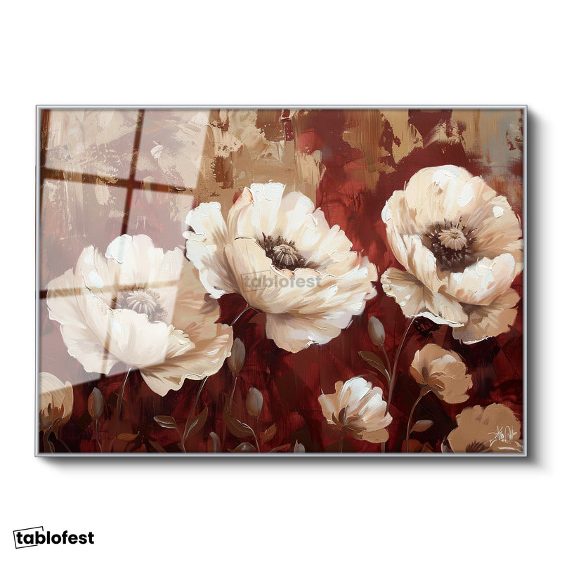 Gümüş Renk Metal Çerçeveli Tamperli Cam Tablo Yağlı Boya Görünümlü Beyaz Çiçek Çiçek Tablosu Duvar Dekoru