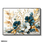 Siyah Renk Metal Çerçeveli Tamperli Cam Tablo Yaprak Detaylı Çiçek Motifi Çiçek Tablosu Duvar Dekoru