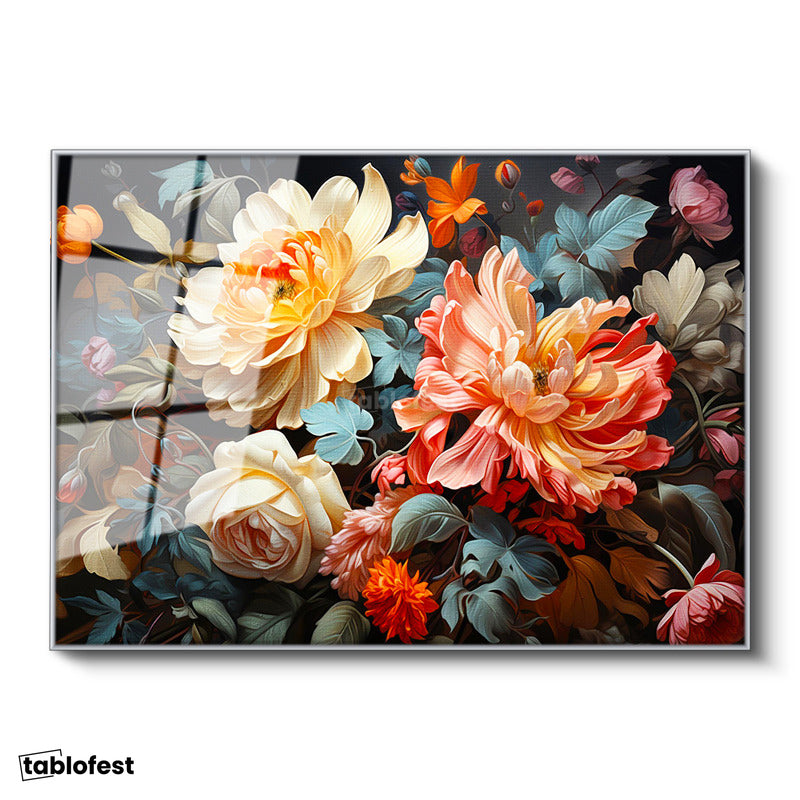 Gümüş Renk Metal Çerçeveli Tamperli Cam Tablo Yoğun Çiçek Aranjmanı Çiçek Tablosu Duvar Dekoru