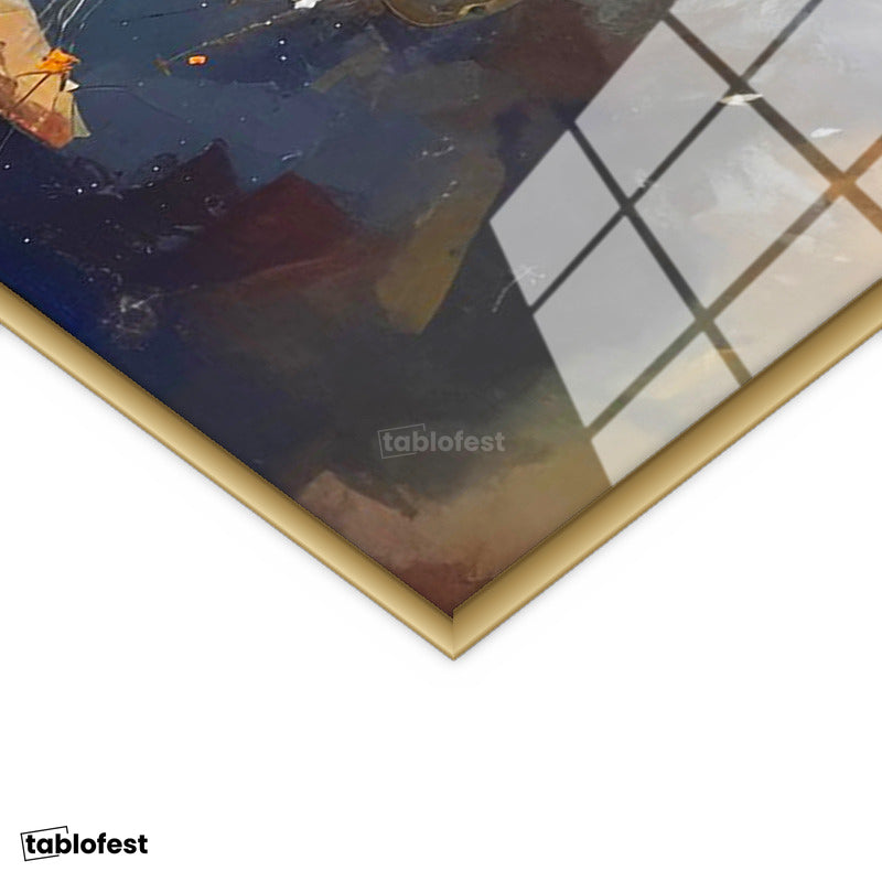 Altın Renk Metal Çerçeveli Tamperli Cam Tablo Vazolu Çiçek Aranjmanı Çiçek Tablosu Duvar Dekoru
