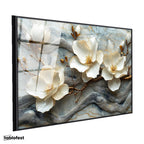 Siyah Renk Metal Çerçeveli Tamperli Cam Tablo Mermer Görünümlü Manolya Dalı Çiçek Tablosu Duvar Dekoru