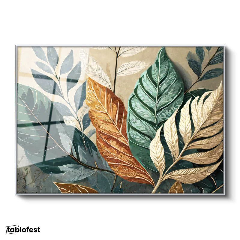 Gümüş Renk Metal Çerçeveli Tamperli Cam Tablo Tropikal Büyük Yapraklar Çiçek Tablosu Duvar Dekoru