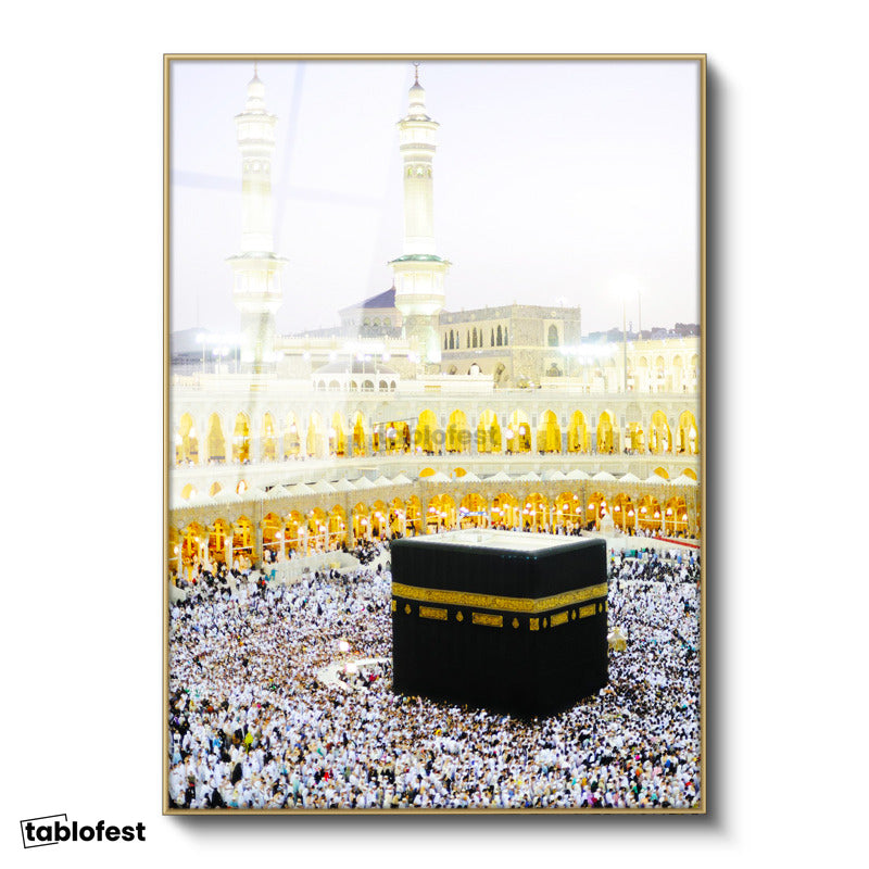 Altın Renk Metal Çerçeveli Tamperli Cam Tablo Kabe Mescidi Haram Tavaf Alanı Dini İslami Tablo Duvar Dekoru