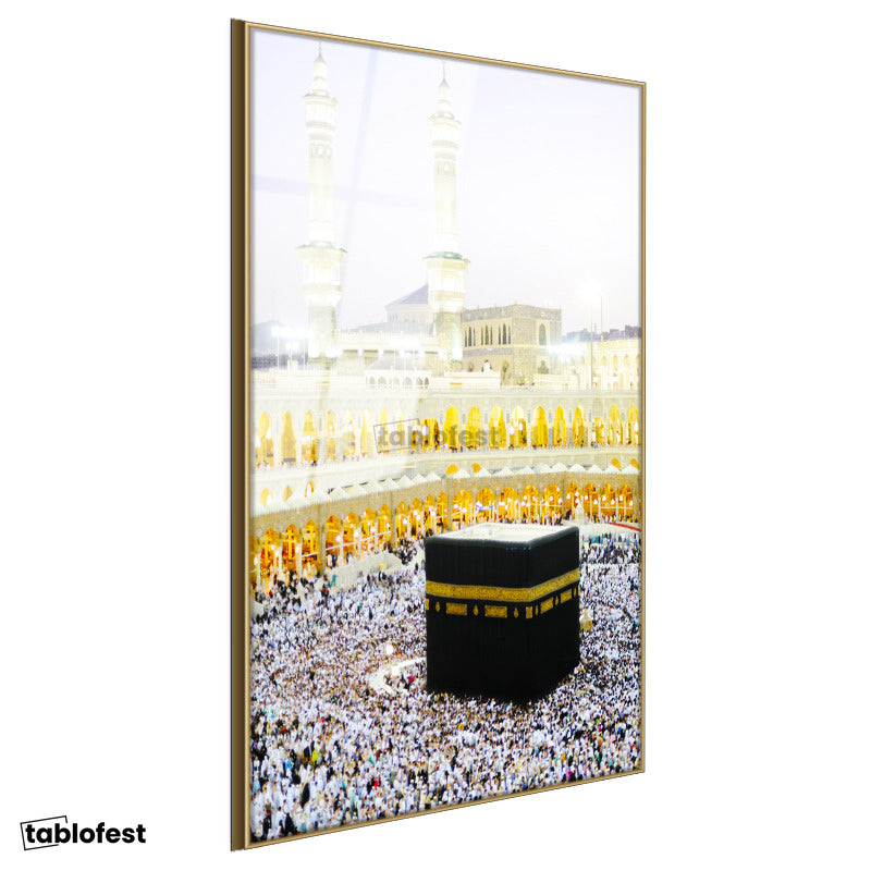Altın Renk Metal Çerçeveli Tamperli Cam Tablo Kabe Mescidi Haram Tavaf Alanı Dini İslami Tablo Duvar Dekoru