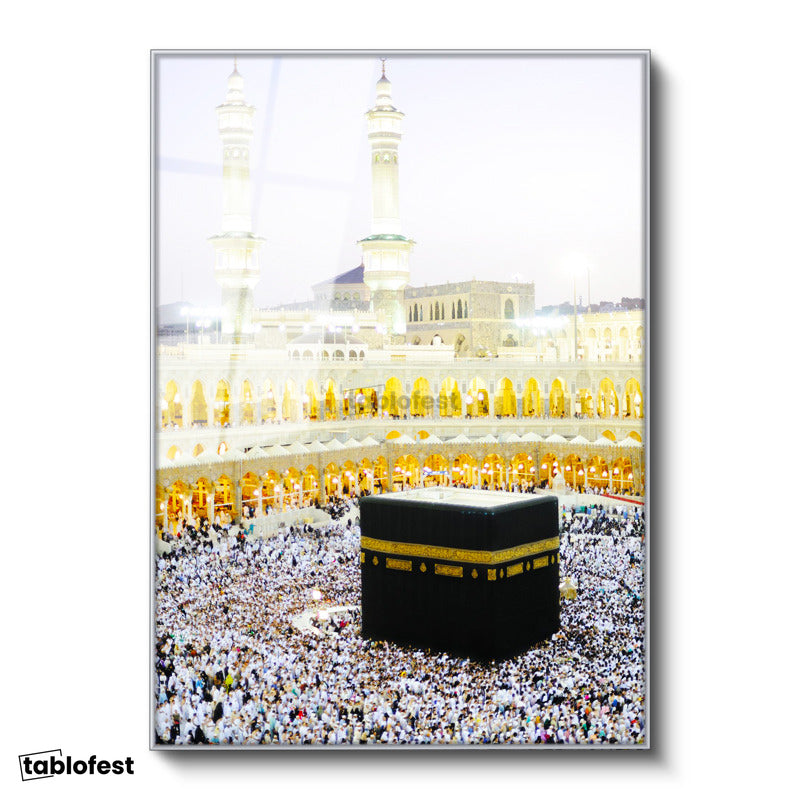 Gümüş Renk Metal Çerçeveli Tamperli Cam Tablo Kabe Mescidi Haram Tavaf Alanı Dini İslami Tablo Duvar Dekoru
