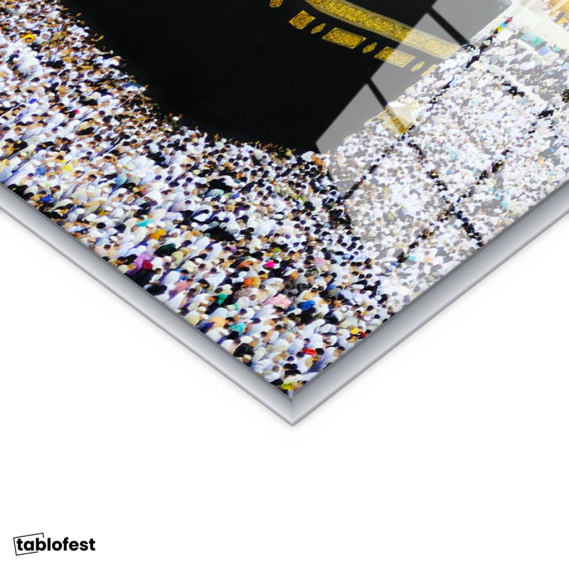 Gümüş Renk Metal Çerçeveli Tamperli Cam Tablo Kabe Mescidi Haram Tavaf Alanı Dini İslami Tablo Duvar Dekoru