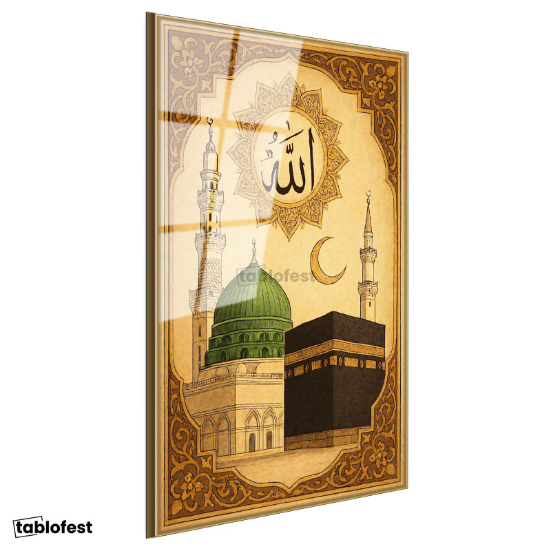 Altın Renk Metal Çerçeveli Tamperli Cam Tablo Kabe ve Mescidi Nebevi Yeşil Kubbe Dini İslami Tablo Duvar Dekoru
