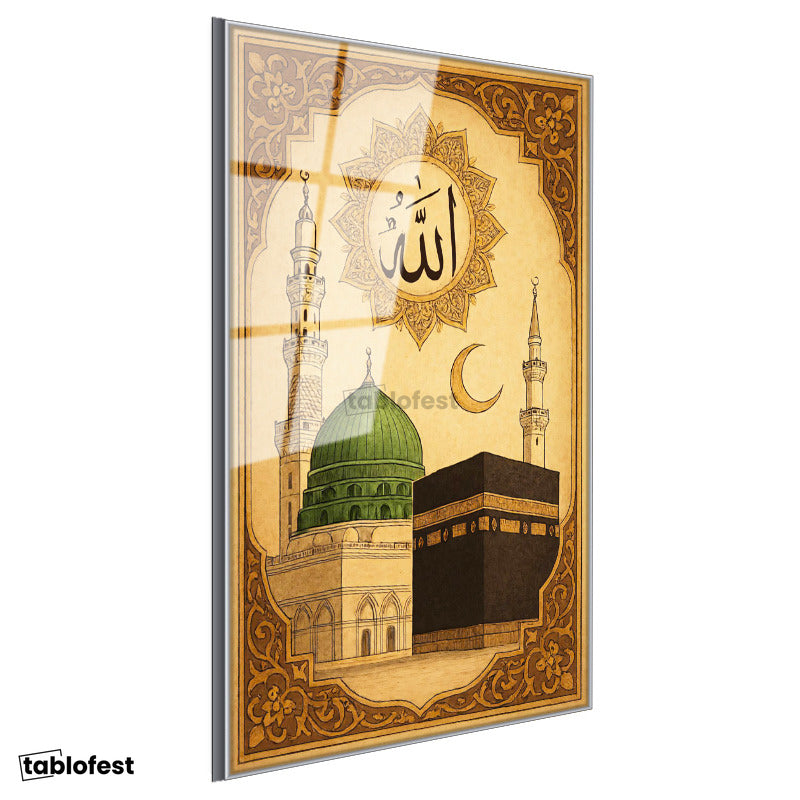 Gümüş Renk Metal Çerçeveli Tamperli Cam Tablo Kabe ve Mescidi Nebevi Yeşil Kubbe Dini İslami Tablo Duvar Dekoru